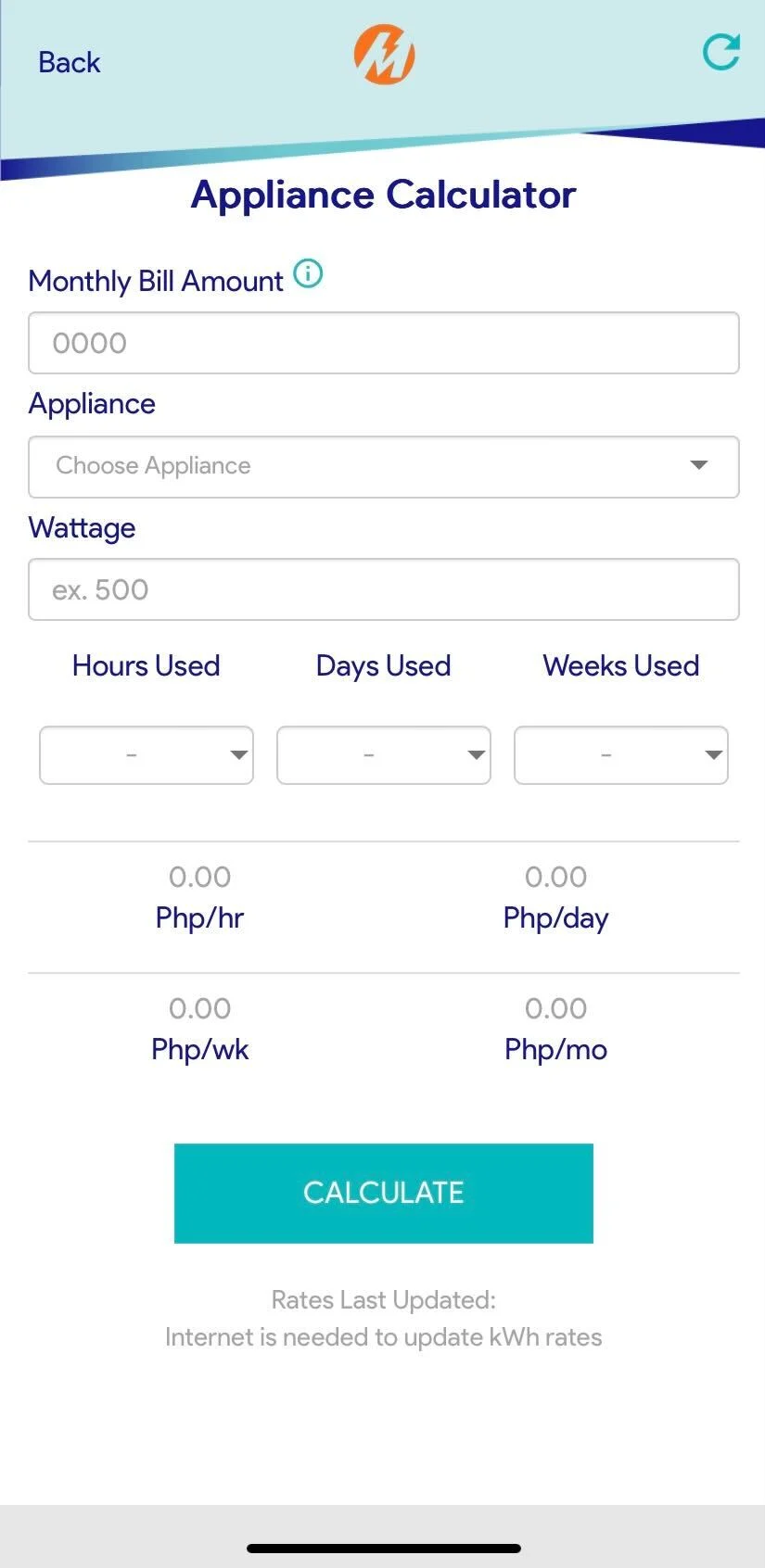 Meralco Appliance Calculator Interface
