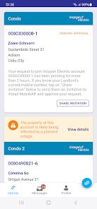 MobileAP home screen showing an account name, address, account number, and an outage notice