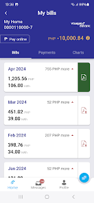 MobileAP Bills tab with amounts due, used to pick a bill before paying online